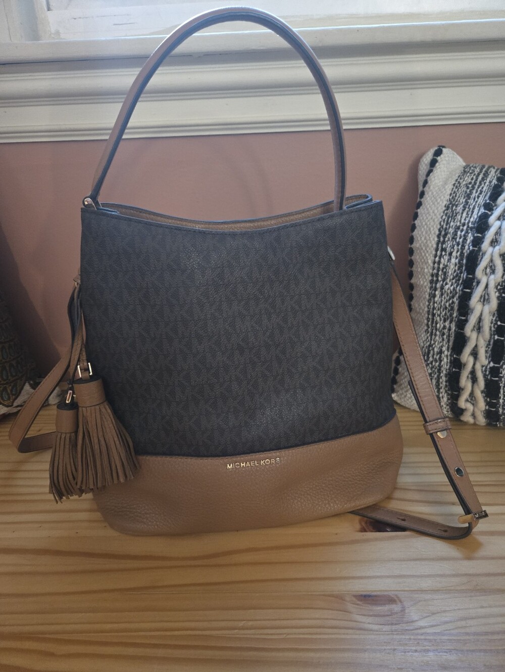 Michael Kors Monogram And Brown Leather Bucket Bag